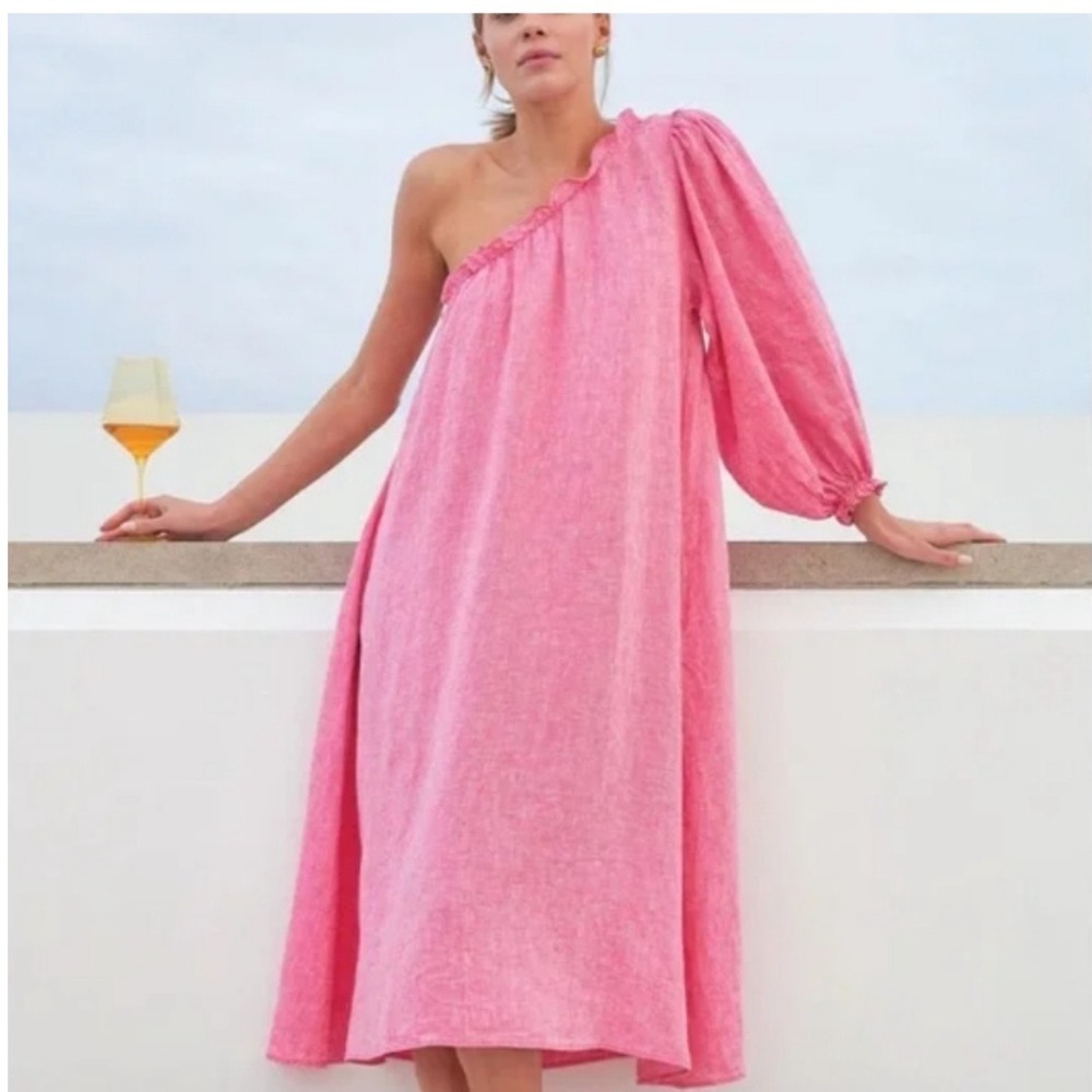 LAKE‎ Milly Pink 100% Linen One Shoulder Midi Dress Long Puff Sleeve Womens M - Picture 8 of 8